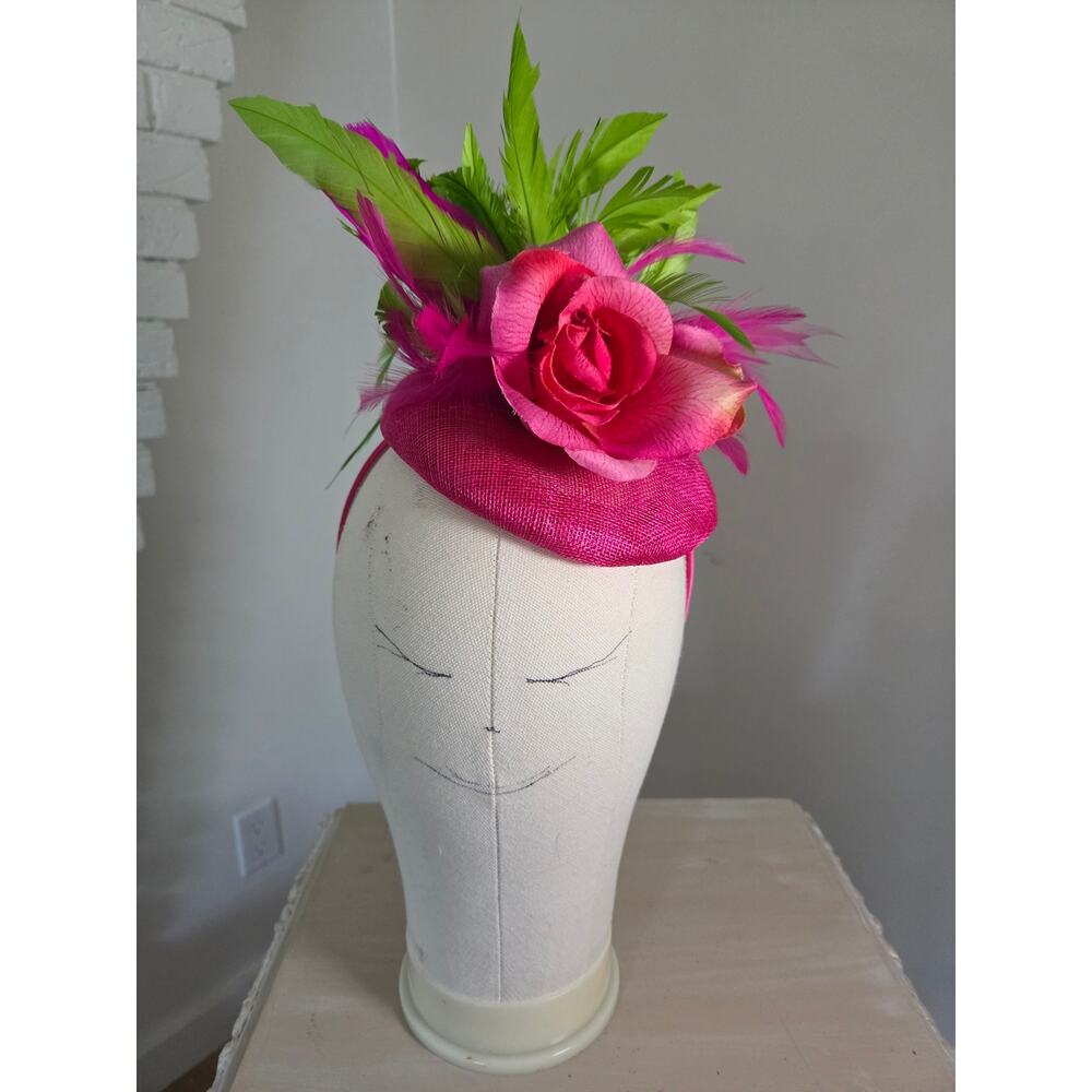 Custom Handmade Fuschia Lime Green Kentucky Derby Hat Fascinator Satin Headband - Picture 2 of 7